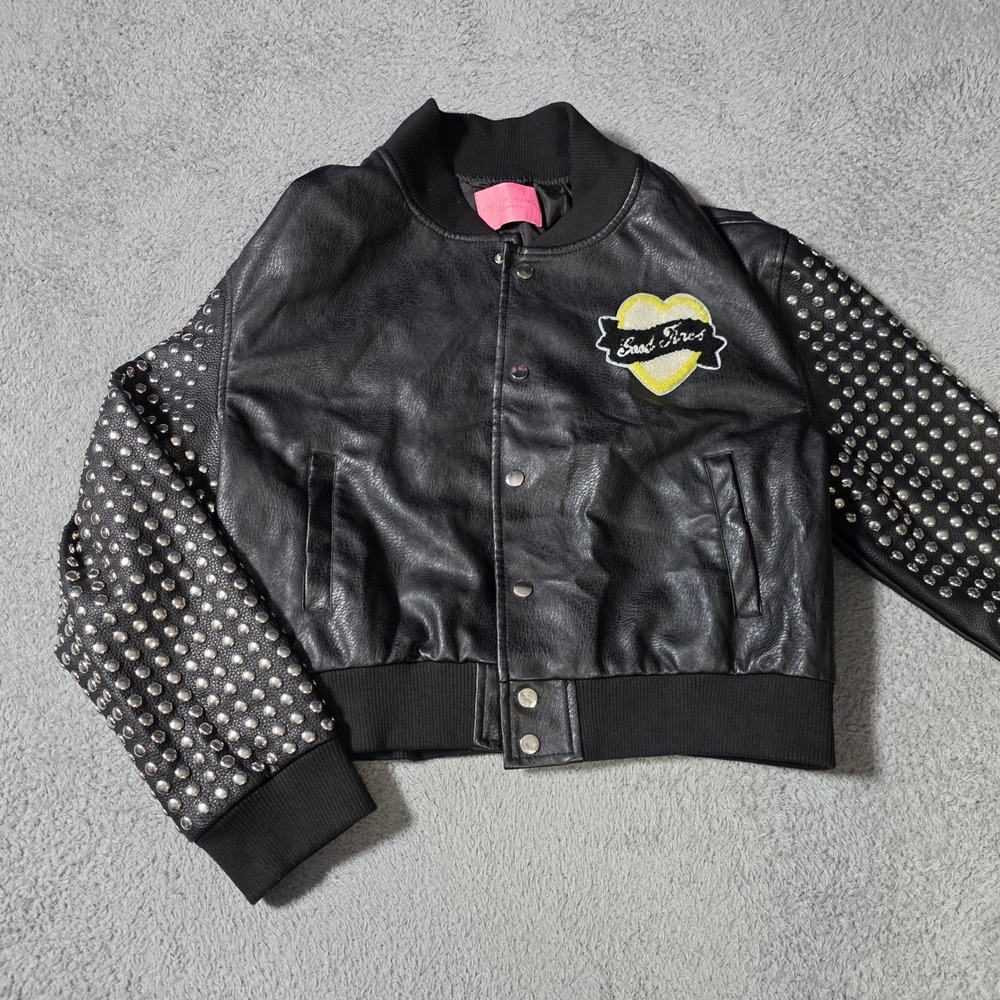 Azalea Wang Womens L Stud Bomber Jacket Black Faux Leather Studded Cropped Patch